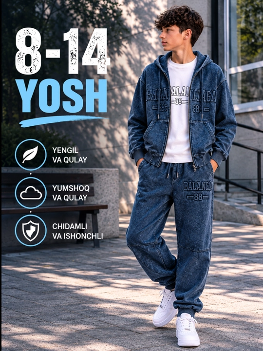 O‘g‘il bolalar uchun 3 qismli  komplekt, kofta, futbolka va shim, 8–14 yosh - 