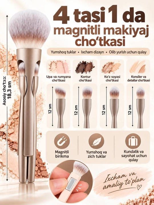 Magnitli makiyaj cho‘tkasi, 4in1 cho‘tka, upa cho‘tkasi, rumyana cho‘tkasi, ko‘z cho‘tkasi - 