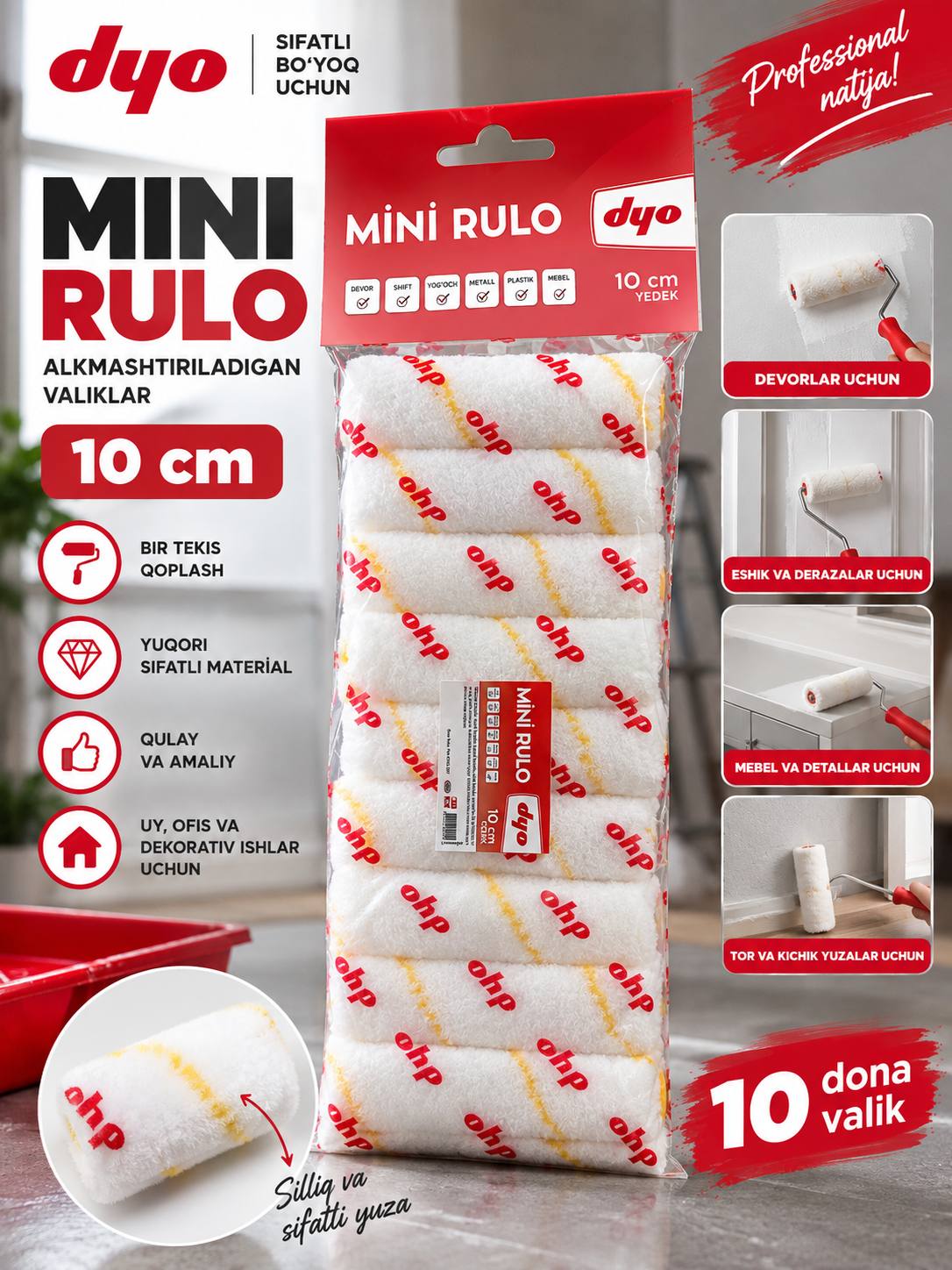 DYO Mini Rulo 10 sm - 10 ta valikdan iborat to‘plam - 