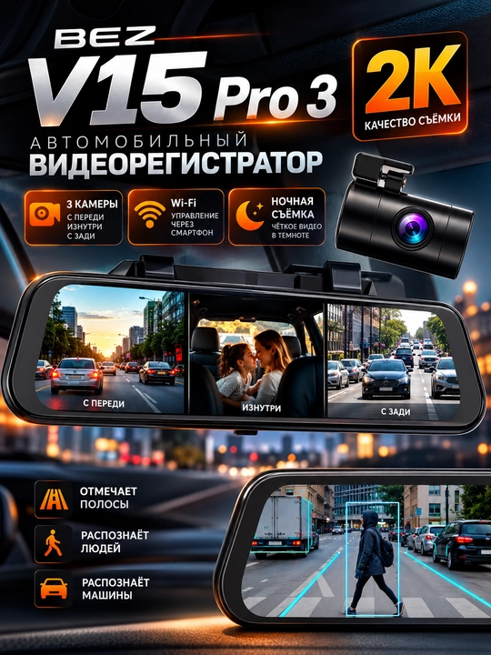 Видеорегистратор BEZ V15 Pro 3, Wi-Fi, 3в1, ночное видение, поддержка Micro SD до 512 ГБ - 