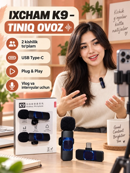 K9 simsiz petlichka mikrofon, 2 ta mikrofonli Type-C to‘plam, vlog va video uchun