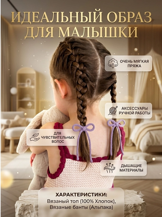 Заколки бантики вязаные для волос, в упаковку 4 шт