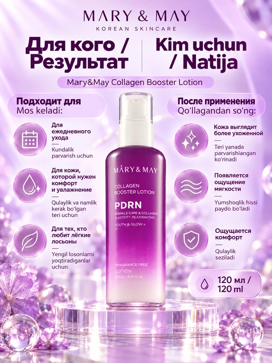 Лосьон для лица Mary&May Collagen Booster Lotion с PDRN и коллагеном, 120 мл