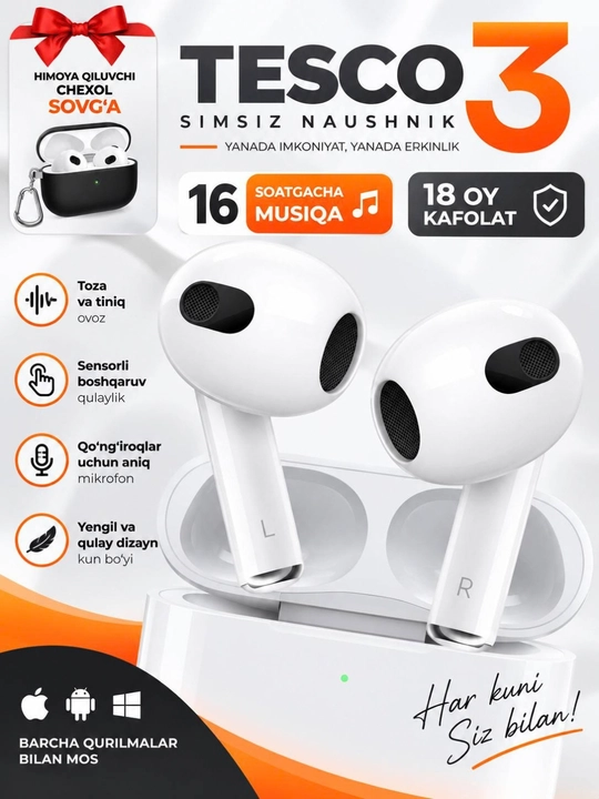 IPhone va Android uchun simsiz Pods TESCO 3  quloqchinlari, sovg‘a sifatida g‘ilof - 