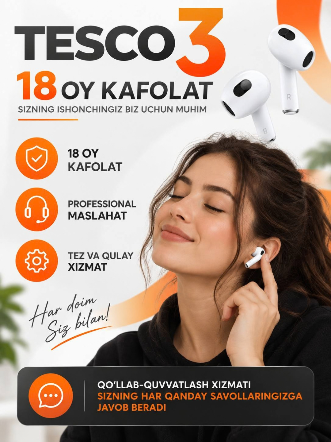 IPhone va Android uchun simsiz Pods TESCO 3  quloqchinlari, sovg‘a sifatida g‘ilof