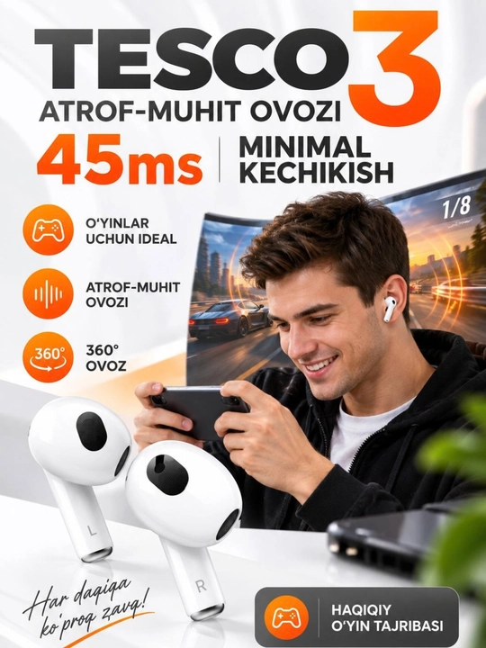 IPhone va Android uchun simsiz Pods TESCO 3  quloqchinlari, sovg‘a sifatida g‘ilof