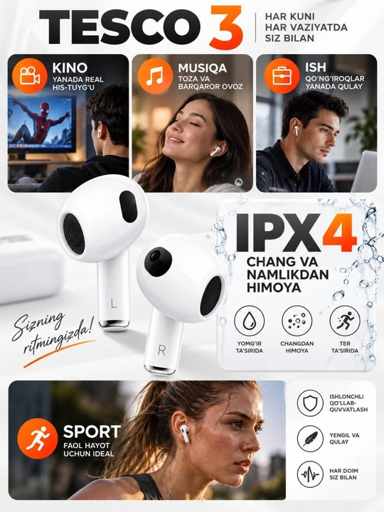 IPhone va Android uchun simsiz Pods TESCO 3  quloqchinlari, sovg‘a sifatida g‘ilof