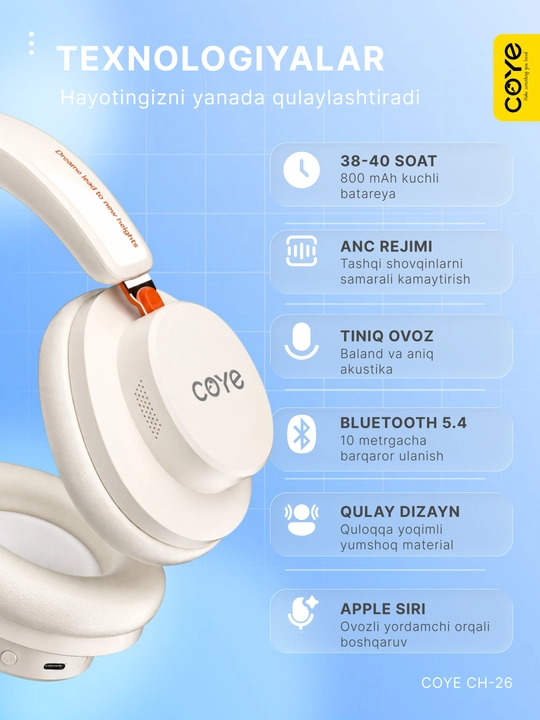 Simsiz quloqchin, ANC Bluetooth quloqchinlar, 38 soat ishlash vaqti, premium naushnik