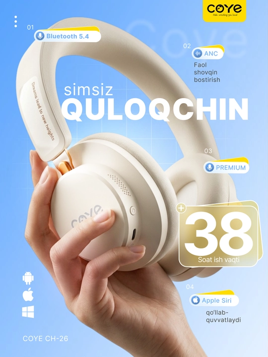 Simsiz quloqchin, ANC Bluetooth quloqchinlar, 38 soat ishlash vaqti, premium naushnik - 
