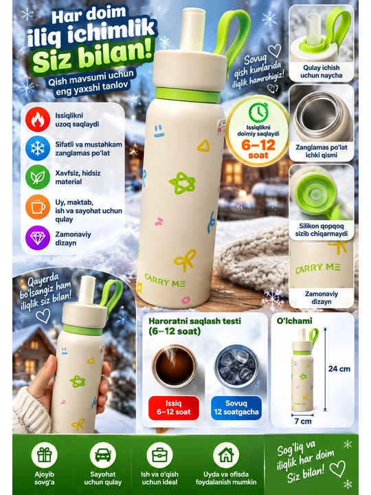Vakuumli termos 700 ml, qopqoqli, osma tasmali, issiq va sovuq ichimliklar uchun