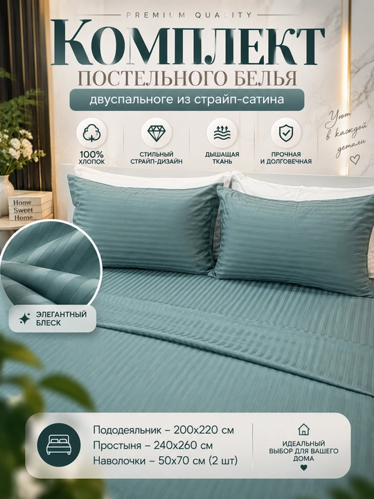 Комплект постельного белья, двуспальный, из страйп-сатина, 100% хлопок