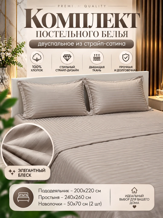 Комплект постельного белья, двуспальный, из страйп-сатина, 100% хлопок