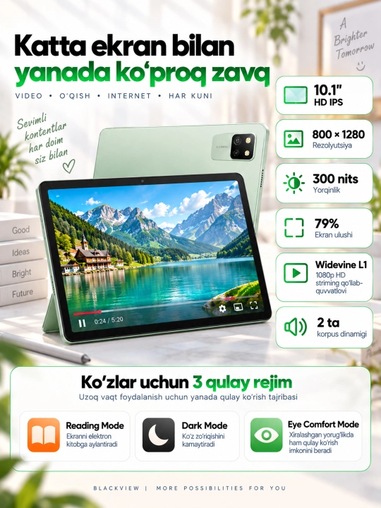 Planshet Blackview Tab 60 Wi-Fi, SIM-kartasiz, 10,1" 4/128 GB, Wi-Fi 6, 5100 mAh, HD IPS