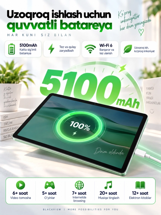 Planshet Blackview Tab 60 Wi-Fi, SIM-kartasiz, 10,1" 4/128 GB, Wi-Fi 6, 5100 mAh, HD IPS