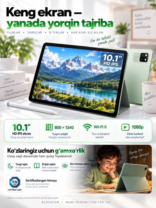 Planshet Blackview Tab 60 Wi-Fi, SIM-kartasiz, 10,1" 4/128 GB, Wi-Fi 6, 5100 mAh, HD IPS