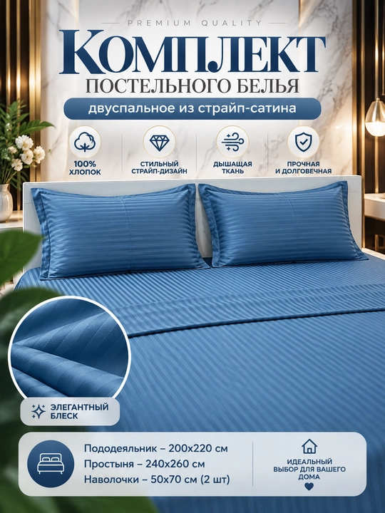 Ko‘rpa-to‘shak to‘plami, ikki kishilik, stripe satin, 100% paxta - 