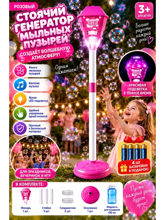 Bolalar uchun musiqa va chiroqli, tik turadigan sovun pufaklari generatori - 