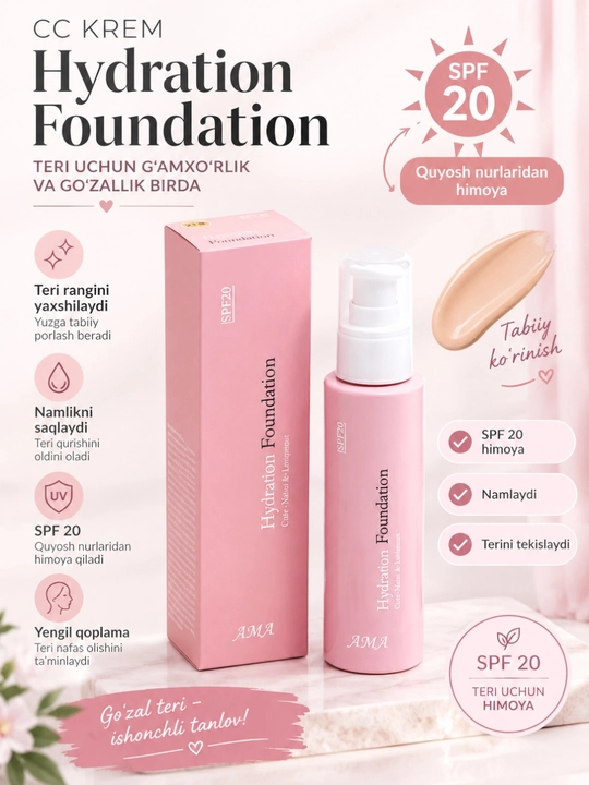 Тональный крем AMA Hydration Foundation SPF 20, увлажняющий,с естественным покрытием - 