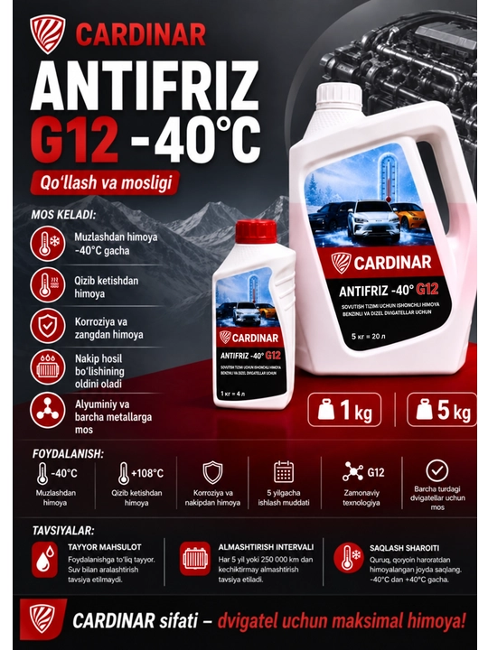 Антифриз Cardinar G12+ защита двигателя и радиатора