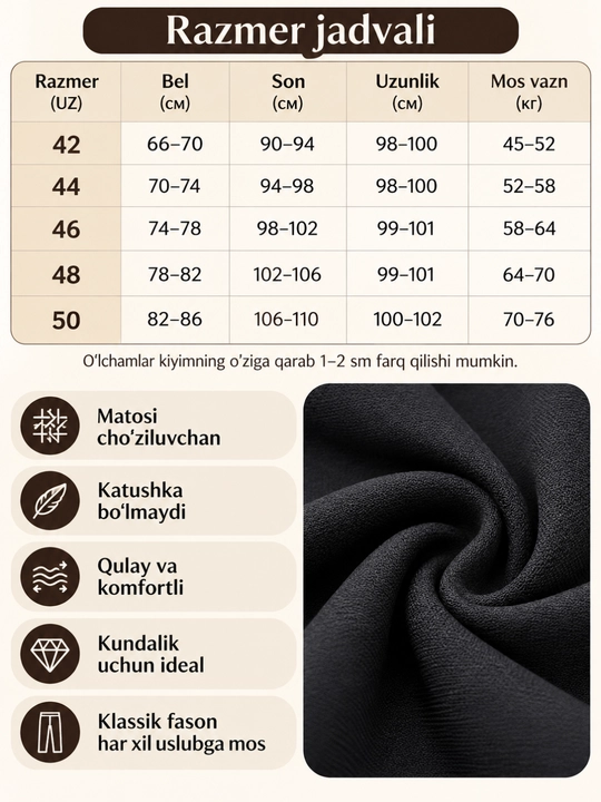Ayollar klassik shimi, qora keng shim, baland bichimli, kuz-qish, 42-50