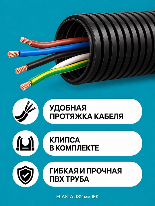ELASTA d32 mm IEK zondi bilan gofrirovka qilingan PVX quvur, 5–100 m, kulrang/qora/oq, qisqichli