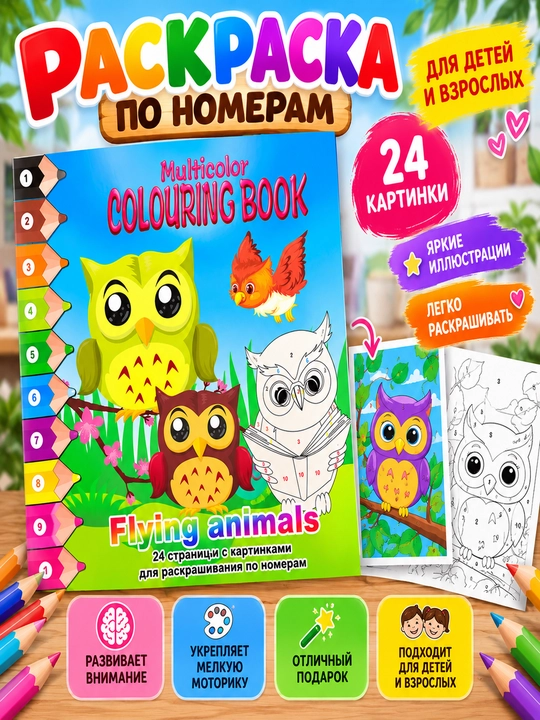 Bolalar va kattalar uchun “Hayvonlar” raqamlar bo‘yicha bo‘yash kitobi, 24 sahifa - 