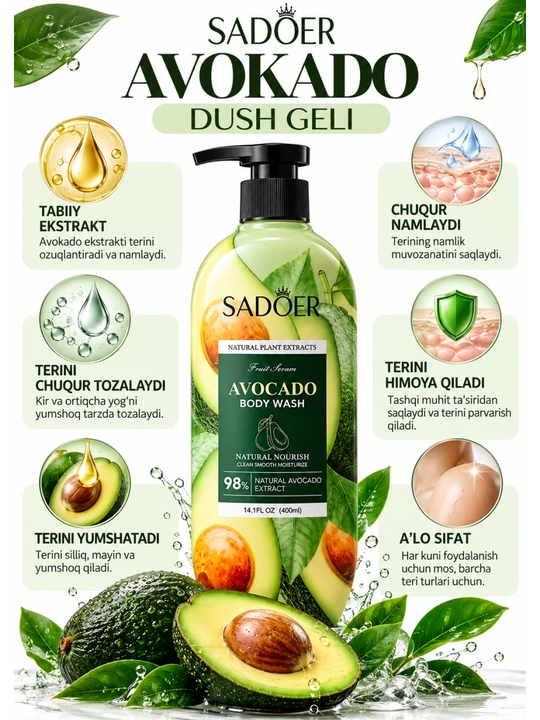 SADOER Avocado Body Wash — гель для душа с экстрактом авокадо, 400 мл
