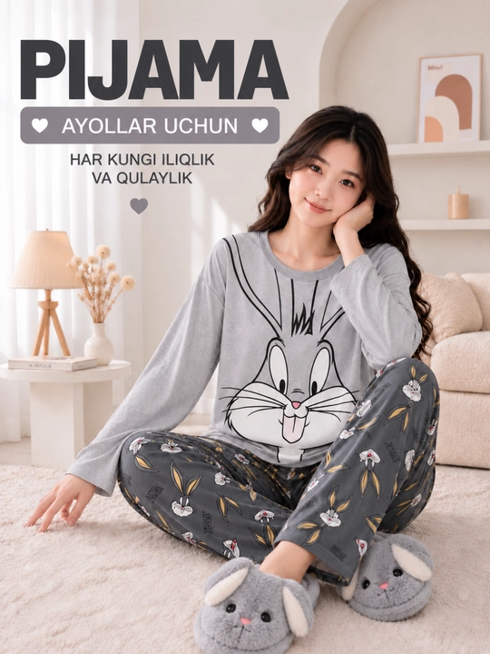 Ayollar pijamasi 2 tasi 1 da, shimli va uzun yengli