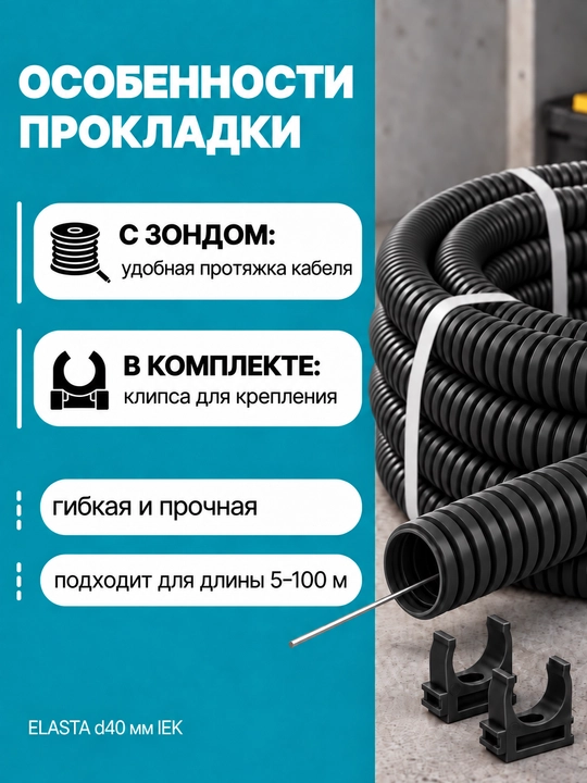 ELASTA d40 mm IEK zondli gofralangan PVX quvur, 5–100 m, kulrang/qora, klips bilan