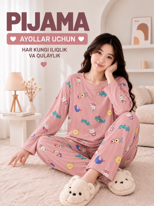 Пижама женская 2в1 с брюками и длинным рукавом