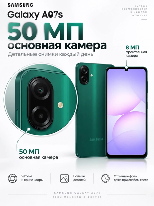 Samsung Galaxy A07s 4/128 ГБ, 6.7", 50 МП, 5000 мАч, Dual SIM