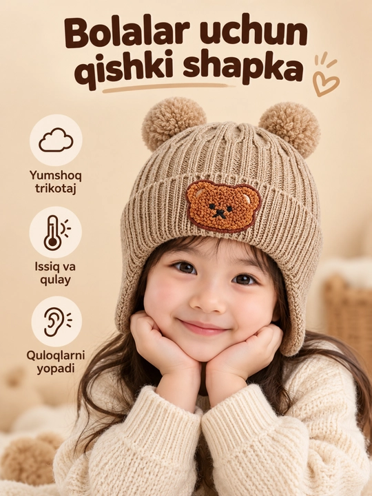 Bolalar uchun yumshoq plyush qishki shapka, ayiq quloqli, issiq - 