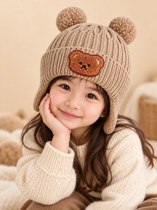 Bolalar uchun yumshoq plyush qishki shapka, ayiq quloqli, issiq