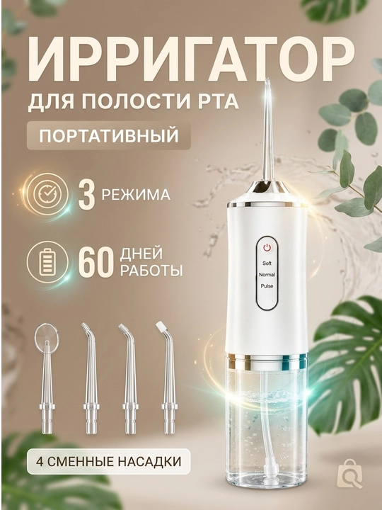 Ирригатор для полости рта и зубов, беспроводной, 230 мл, 3 режима, 4 насадки