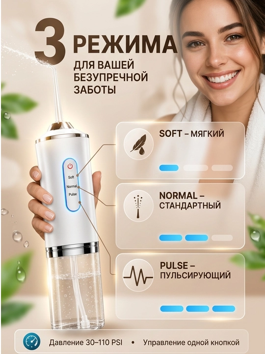 Ирригатор для полости рта и зубов, беспроводной, 230 мл, 3 режима, 4 насадки