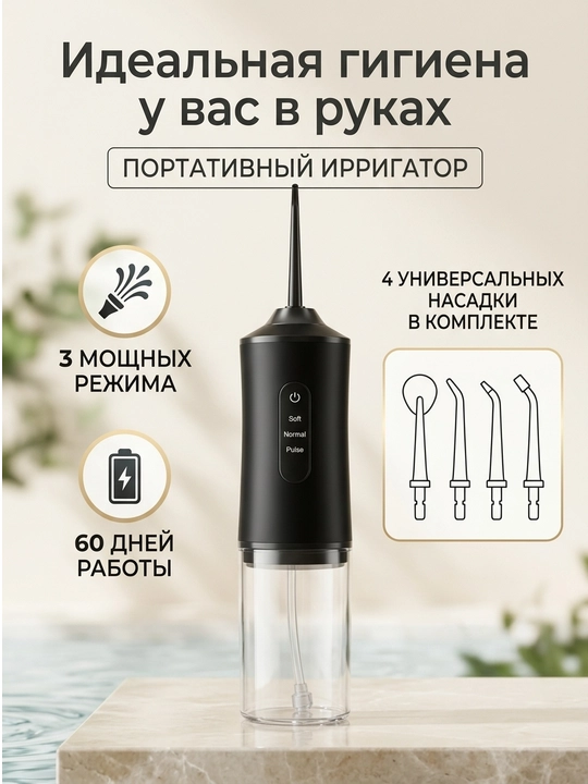 Og‘iz irrigatori, 230 ml, USB, 3 rejimli, 4 ta nasadka, portativ, suv o‘tkazmaydigan - 