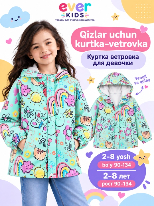 Qizlar uchun kurtka vetrovka, kapyushonli, 2-8 yosh - 