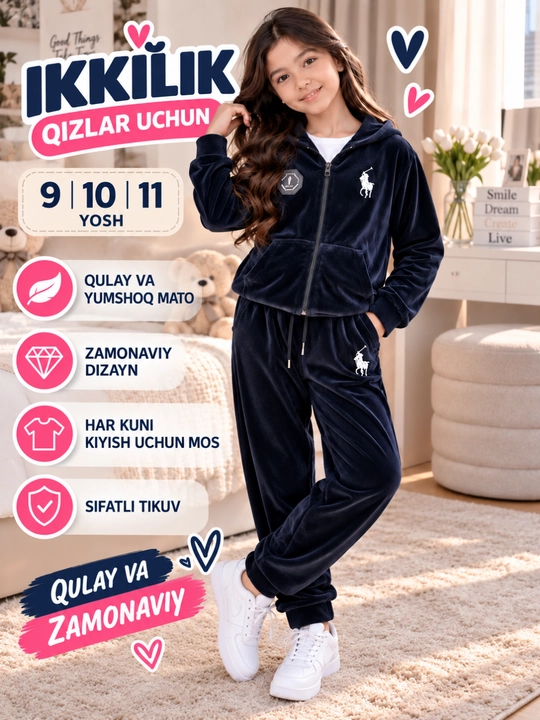 9-11 yoshli qizlar uchun velurdan tikilgan  kiyimi va shim, yumshoq sport kiyimi 2 baho