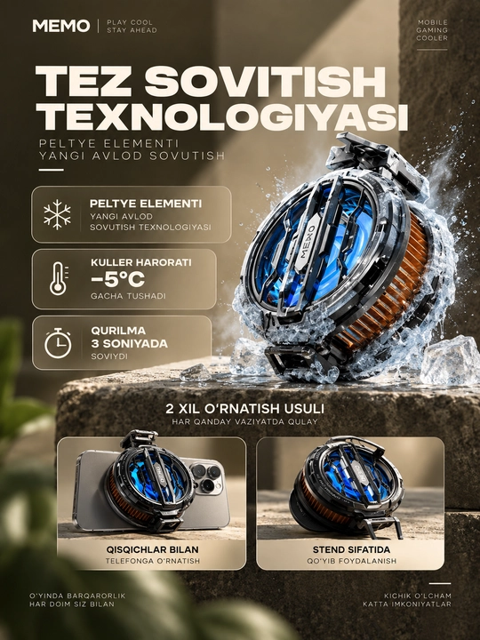 Memo CX-07 telefon va uchun magnitli Kuler, RGB yoritgichli, Kuller 8000 aylanish/min