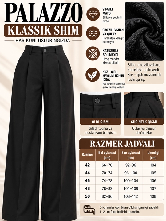 Ayollar uchun keng palazzo shim, baland belli, klassik kuz-qish shim, Katta razmer, 42–58