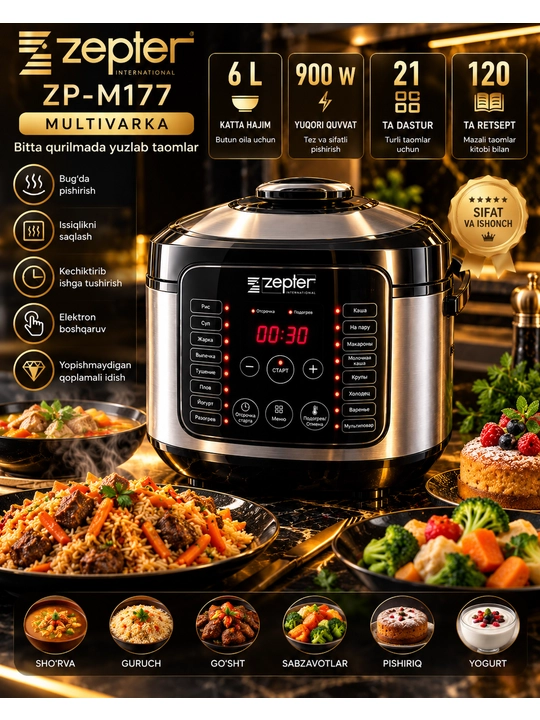 Мультиварка Zepter ZP-M177, 6 л, 900 Вт, 21 программа - 