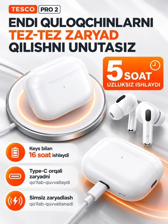 TESCO PRO 2 Беспроводные наушники, чистый звук, до 30 часов работы, Type-C, белые