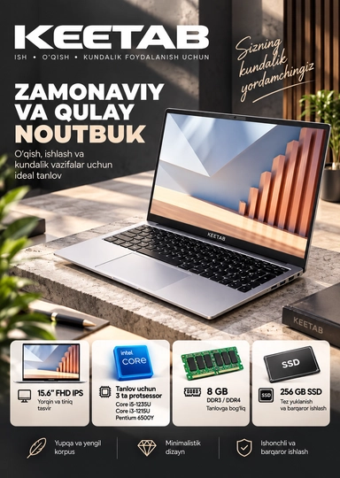 Noutbuk KEETAB 15.6" | Intel I5-1235U | 8GB RAM | 256GB SSD | FHD IPS | RU/ENG - 