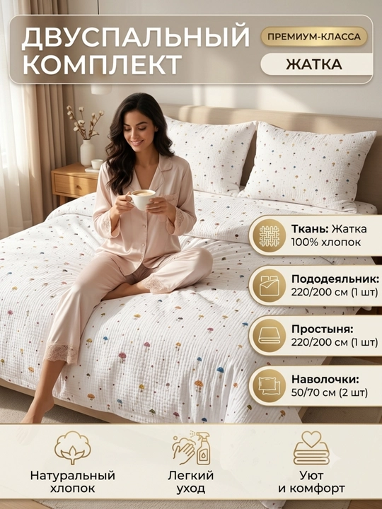 Ikki kishilik choyshab to'plami, Dantela, Jatka, Muslin mato, 100% paxta, gippoallergenniy