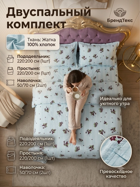 Ikki kishilik choyshab to'plami, Dantela, Jatka, Muslin mato, 100% paxta, gippoallergenniy