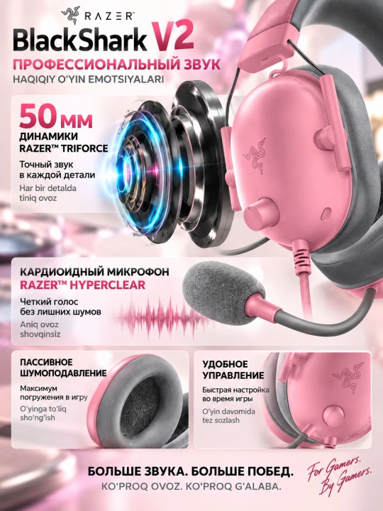 Игровая гарнитура Razer BlackShark V2 X Quartz, TriForce 50мм, 7.1, 3.5 мм, с гарантией