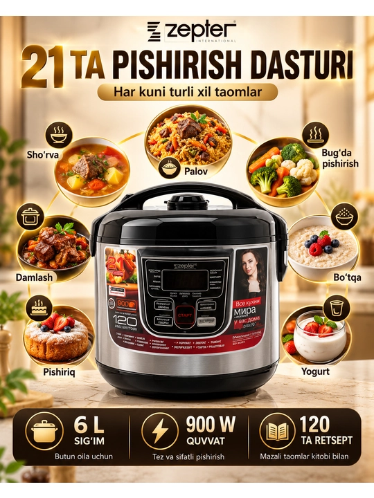 Мультиварка Zepter ZP-M177, 6 л, 900 Вт, 21 программа