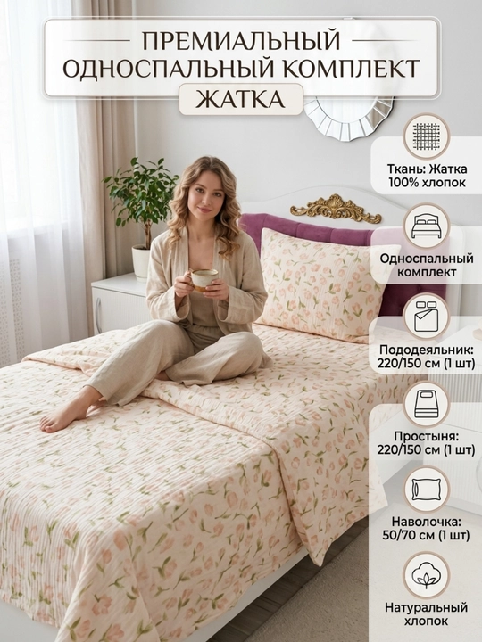 Комплект постельного белья Dantella , 100% хлопок, односпальный, (жатка), муслин