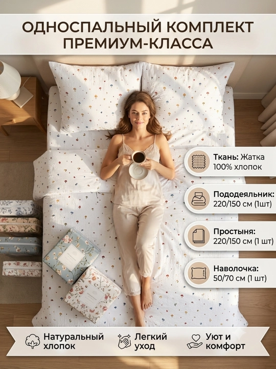Комплект постельного белья Dantella , 100% хлопок, односпальный, (жатка), муслин