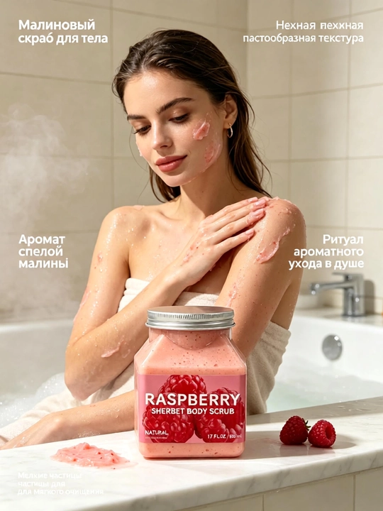 Malinali sorbet tana skrabi 500ml, o'lik hujayra olib tashlash, teri tozalash - 